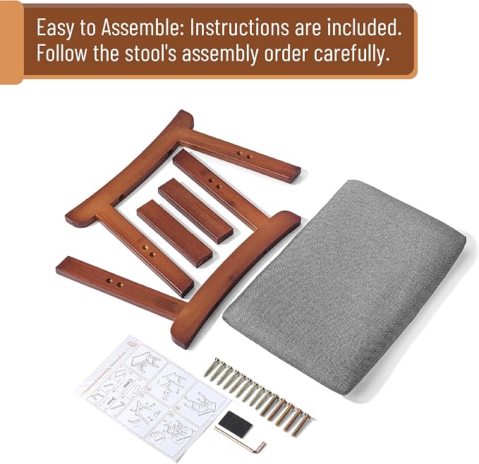 BAMBOO LAND- Bamboo Foot Stools Ottoman, Gray Cushion & Brown Wood Legs, Small Ottoman Foot Rest for Couch
