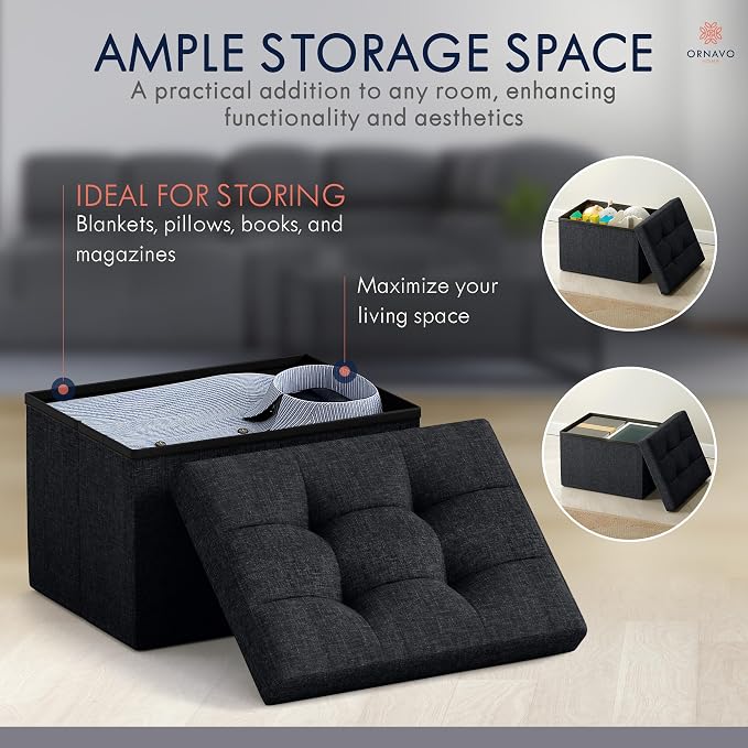 Ornavo Home Small Storage Ottoman Foldable Collapsible Rectangle Linen Ottoman Foot Rest Stool Seat, for Living Room, Bedroom, Home Office, Dorm - 12 x 16 x 12, Black