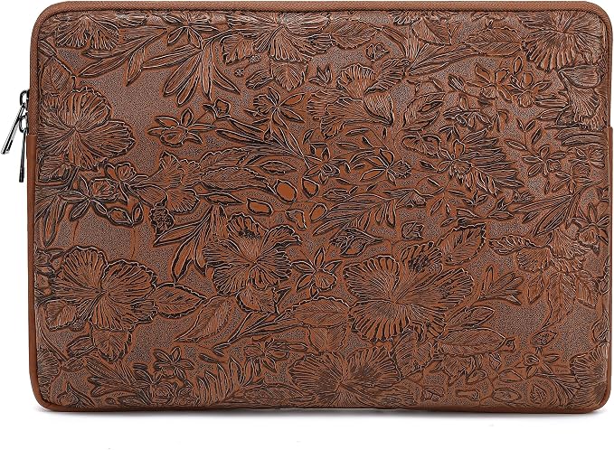 Embossing Floral Pattern PU Leather Laptop Sleeve Case with Pocket MacBook Air 13 inch,iPad Pro 13 inch and 12.5 inch-13.6 inch Notebook Computer Laptop (Coffee PU)