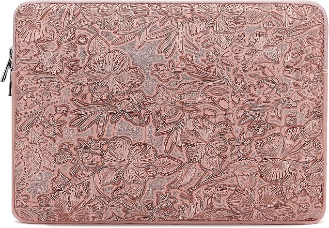 Embossing Floral Pattern PU Leather Laptop Sleeve Case with Pocket MacBook Air 13 inch,iPad Pro 13 inch and 12.5 inch-13.6 inch Notebook Computer Laptop (Pink Brown)