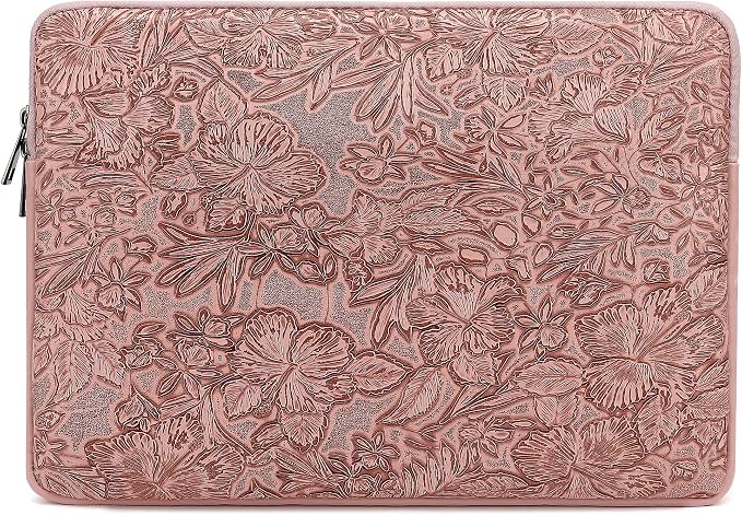 Embossing Floral Pattern PU Leather Laptop Sleeve Case with Pocket for MacBook Pro 14 inch and 14 inch-14.4 inch HP, Lenovo, Dell, ASUS, Acer Notebook Computer (Pink Brown)
