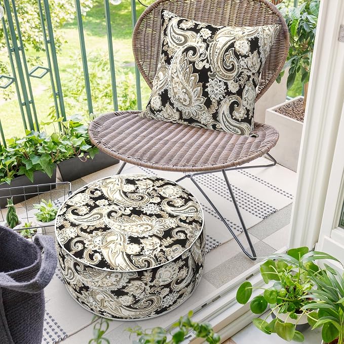 DYTXIII Inflatable Ottoman Stool D21 xH9 for Outdoor/Indoor Use, Water Repellent Patio Foot Rest Stool with Portable Handle,Round Pouf Ottoman Suitable for Garden,Deck and Camping - Paisley Black