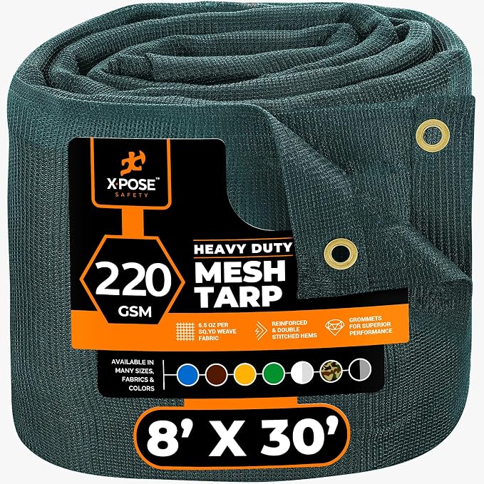 Xpose Safety Heavy Duty Green Mesh Tarp 8' x 30' – 70% Sunblock Shade Cloth with Grommets for Garden, Fence, Privacy Screen, Canopies, Dump Trucks, Pool Cover – Tear & Weather Resistant