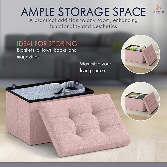 Ornavo Home Small Storage Ottoman, Set of 2, Foldable Collapsible Rectangle Linen Ottoman Foot Rest Stool Seat, for Living Room, Bedroom, Home Office, Dorm - 12 x 16 x 12, Pink