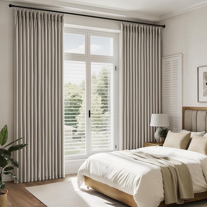 Memory Trained Pinch Pleated Curtains 90 Inches Long, Viral Linen Pinch Pleat Sheer Curtains with Ring Hooks&Clips for Track System Living Room, Oatmeal Light Filtering Privacy Curtain 2 Panel Set