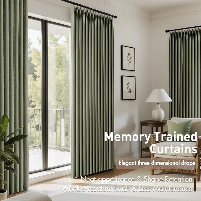 Memory Trained Pinch Pleated Curtains 108 Inches Long, Linen Pinch Pleat Sheer Curtains with Ring Hooks&Clips for Track System Living Room, Oliver Green Light Filtering Privacy Curtain 2 Panel Set