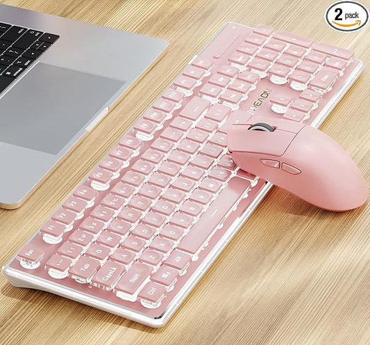V3 Wireless Keyboard and Mouse Combo, Bluetooth/2.4G Rechargeable Light up Quiet Computer Wireless Keyboard and Mouse with White Backlit, Metal Panel-Pink