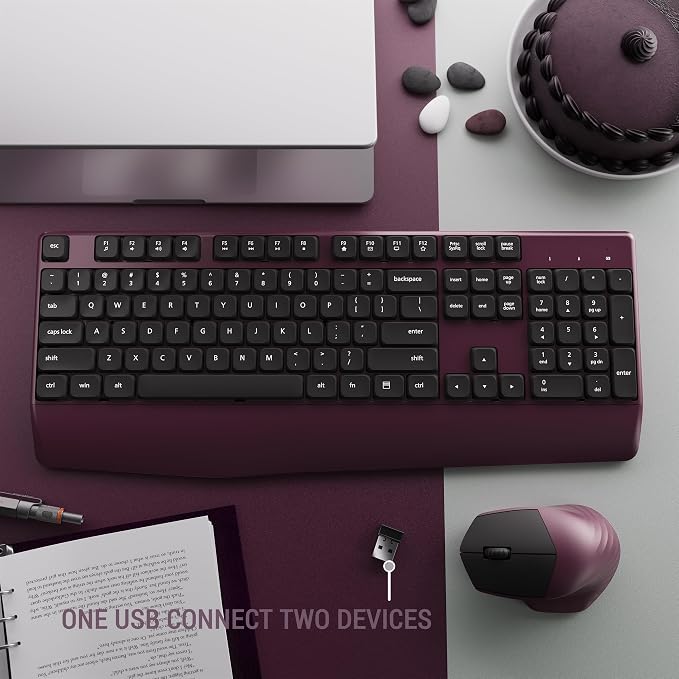 MPTOG Ergonomic Keyboard and Mouse Combo with Wrist Rest, BK Chipset, Full-Size Colorful Office Keyboard and Mouse, Power Button, USB Receiver for PC Laptop (Claret)