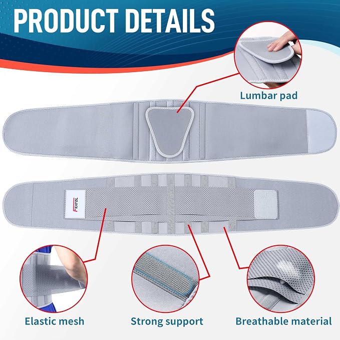 FEATOL Back Brace for Lower Back Pain, Breathable Back Support Belt for Women & Men with Lumbar Pad, Lumbar Support Belt for Heavy Lifting & Work, Gray, L/XL (Circumference:30-38.6")