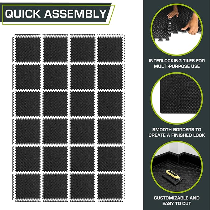 ProsourceFit Exercise Puzzle Mat ½-inch, EVA Interlocking Foam Floor Tiles for Home Gym, Workout Equipment, Kids Play Areas, Black, 96 SQ FT - 24 Tiles