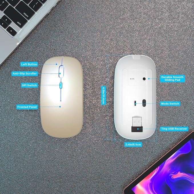AIKOKOK Wireless Bluetooth Mouse, Rechargeable, Dual Mode Bluetooth 5.2 & 2.4G USB, LED Lights, Slim, Silent, Portable Computer Mouse for Laptop, PC, MacBook, iPad, Tablet (Gold)