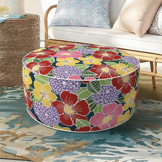 DYTXIII Inflatable Ottoman Stool D21 xH9 for Outdoor/Indoor Use, Water Repellent Patio Foot Rest with Portable Handle,Round Pouf Ottoman Suitable for Garden,Deck and Camping-Flower Bloom