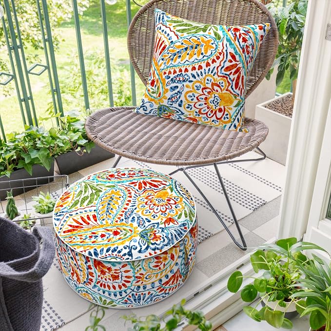 DYTXIII Inflatable Ottoman Stool D21 xH9 for Outdoor/Indoor Use, Water Repellent Patio Foot Rest Stool with Portable Handle,Round Pouf Ottoman Suitable for Garden,Deck and Camping - Paisley Multi