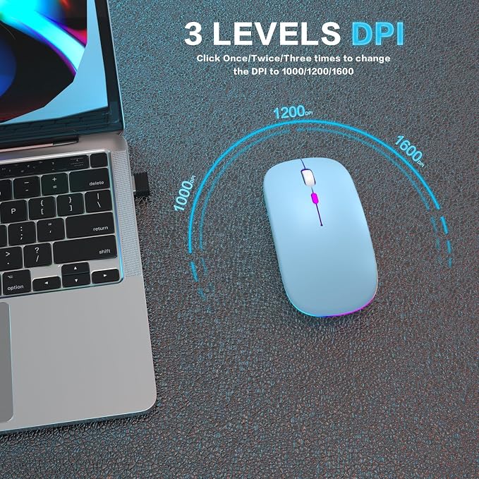 AIKOKOK Wireless Bluetooth Mouse, Rechargeable, Dual Mode Bluetooth 5.2 & 2.4G USB, LED Lights, Slim, Silent, Portable Computer Mouse for Laptop, PC, MacBook, iPad, Tablet (Blue)