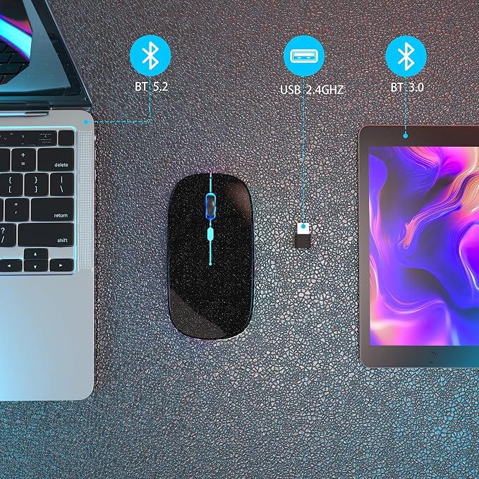 AIKOKOK Wireless Bluetooth Mouse, Rechargeable, Dual Mode Bluetooth 5.2 & 2.4G USB, LED Lights, Slim, Silent, Portable Computer Mouse for Laptop, PC, MacBook, iPad, Tablet (Black Pearl)