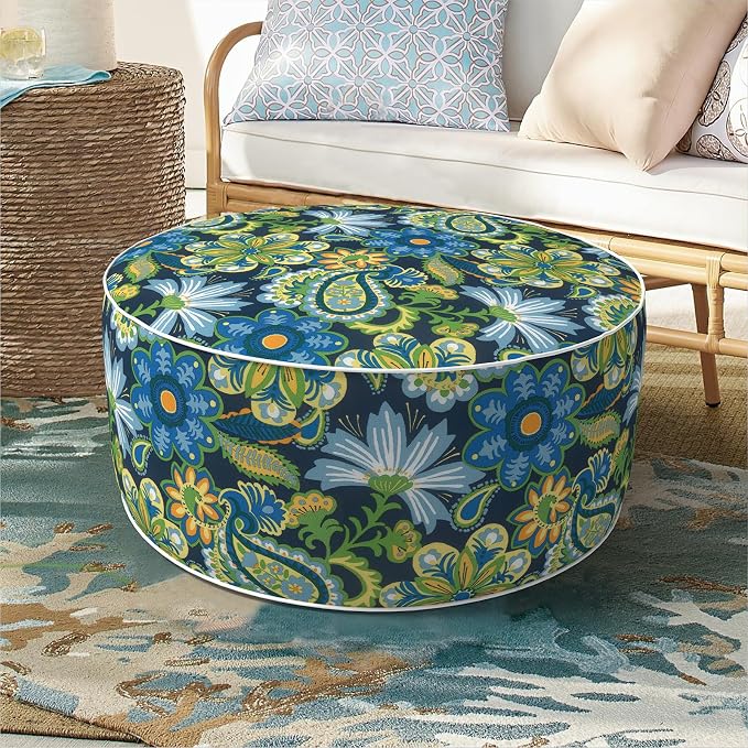 DYTXIII Inflatable Ottoman Stool D21 xH9 for Outdoor/Indoor Use, Water Repellent Patio Foot Rest with Portable Handle,Round Pouf Ottoman Suitable for Garden,Deck and Camping-Flower Child