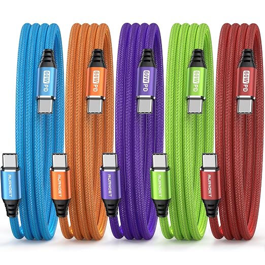 USB C to USB C Cable, 6FT 5-Pack Type C to Type C Charger Cable Fast Charging Cord 60W for iPhone 15/15 Pro/15 Plus/15 Pro Max, Samsung Galaxy S23 S22 S21 Ultra