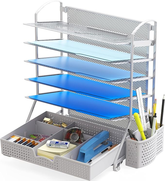 Simple Houseware 6-Tier Desk Document File Tray Organizer with Sliding Drawer, Silver