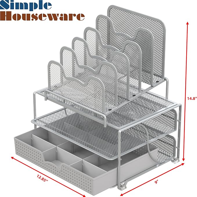 Simple Houseware Mesh Desk Organizer with Sliding Drawer, Double Tray and 5 Stacking Sorter Sections, Silver