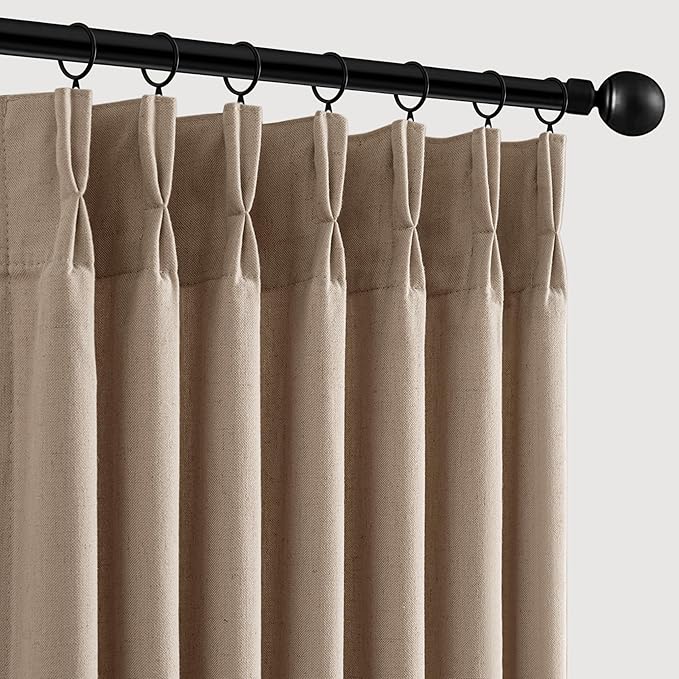 Memory Trained Pinch Pleated Curtains 96 Inches Long, Viral Linen Pinch Pleat Sheer Curtains with Ring Hooks&Clips for Track System Living Room, Taupe Light Filtering Privacy Curtain 2 Panel Set