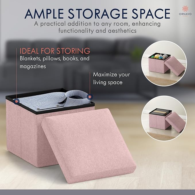 Ornavo Home Small Storage Ottoman Foldable Collapsible Cube Square Linen Ottoman Foot Rest Stool Seat, for Living Room, Bedroom, Home Office, Dorm - 12 x 12 x 12, Pink