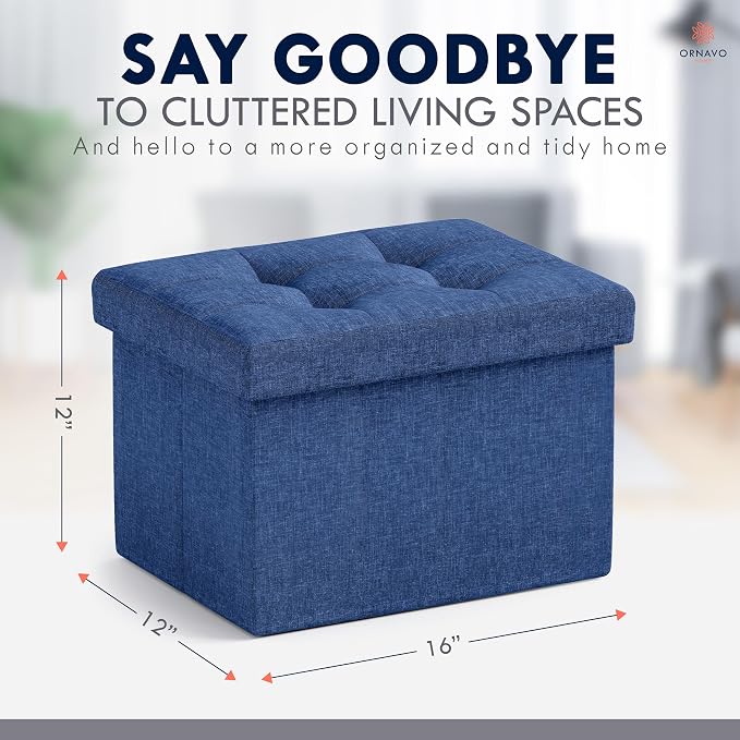 Ornavo Home Small Storage Ottoman, Set of 2, Foldable Collapsible Rectangle Linen Ottoman Foot Rest Stool Seat, for Living Room, Bedroom, Home Office, Dorm - 12 x 16 x 12, Navy Blue
