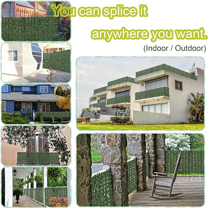 Artificial Ivy Privacy Fence Screen: 60" by 140" (58.5 SQFT) UV-Anti Faux Hedge Fence and Fake Ivy Vine Leaf Wall Panels for Indoor&Outdoor Green Backdrop, Garden Greenery Decor