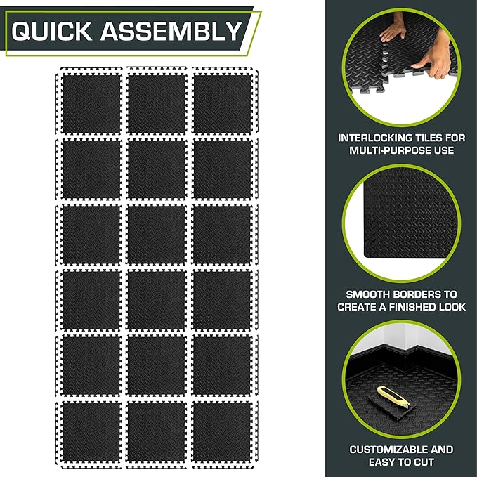 ProsourceFit Exercise Puzzle Mat ½-inch, EVA Interlocking Foam Floor Tiles for Home Gym, Workout Equipment, Kids Play Areas, Black, 72 SQ FT - 18 Tiles