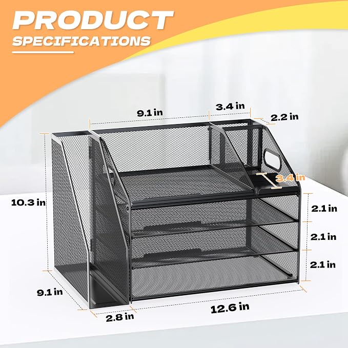DocNest 4 Tier Paper Letter Tray File Organizer, Mesh Desk File with Handle, Workspace Desk Organizers with Pen Holder, Office Organization Storage Accessories - Black