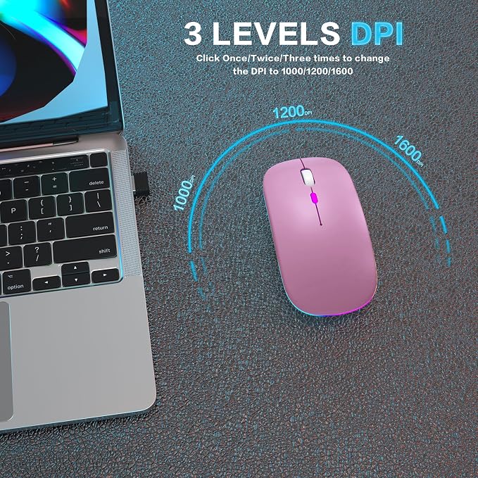AIKOKOK Wireless Bluetooth Mouse, Rechargeable, Dual Mode Bluetooth 5.2 & 2.4G USB, LED Lights, Slim, Silent, Portable Computer Mouse for Laptop, PC, MacBook, iPad, Tablet (Rose Gold)