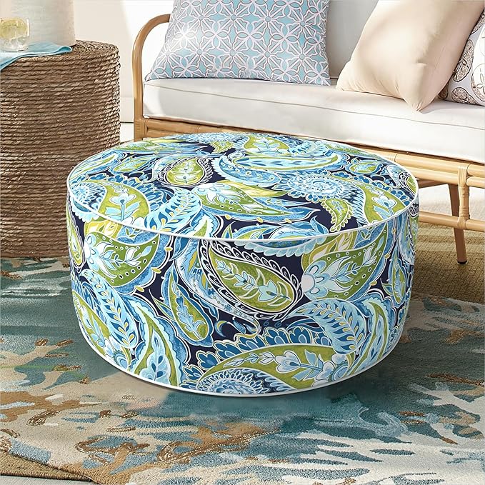 DYTXIII Inflatable Ottoman Stool D21 xH9 for Outdoor/Indoor Use, Water Repellent Patio Foot Rest with Portable Handle,Round Pouf Ottoman Suitable for Garden,Deck and Camping - Paisley Lapis Green