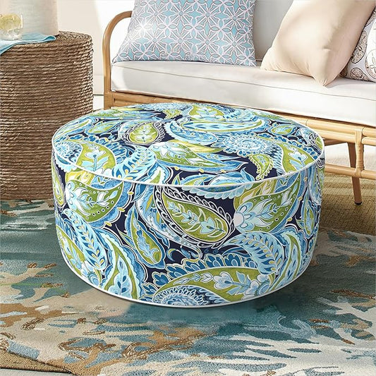 DYTXIII Inflatable Ottoman Stool D21 xH9 for Outdoor/Indoor Use, Water Repellent Patio Foot Rest with Portable Handle,Round Pouf Ottoman Suitable for Garden,Deck and Camping - Paisley Lapis Green
