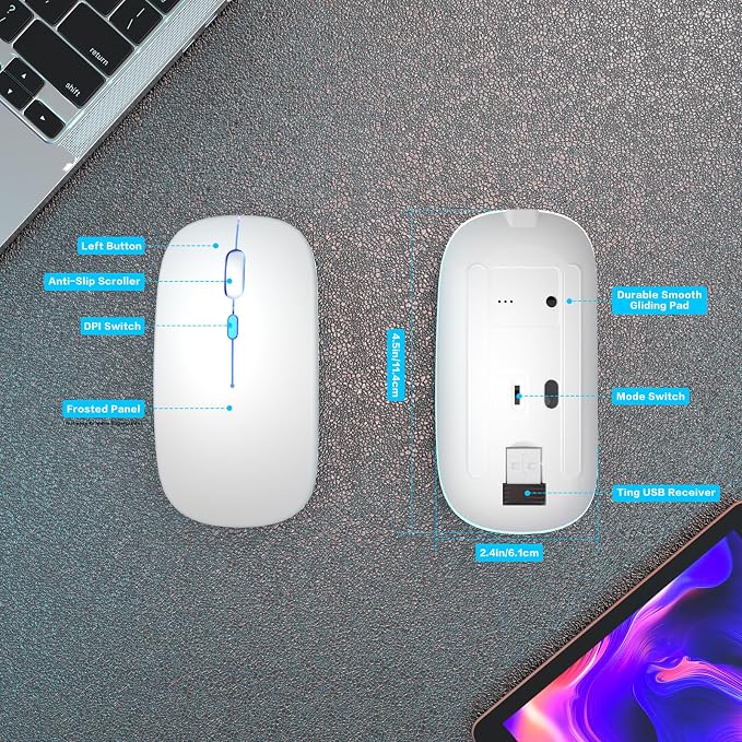 AIKOKOK Wireless Bluetooth Mouse, Rechargeable, Dual Mode Bluetooth 5.2 & 2.4G USB, LED Lights, Slim, Silent, Portable Computer Mouse for Laptop, PC, MacBook, iPad, Tablet (White)