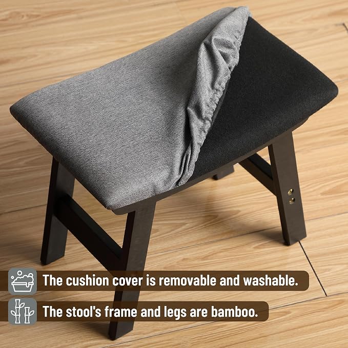 BAMBOO LAND- Bamboo Foot Stools Ottoman, Gray Cushion & Black Wood Legs, Small Ottoman Foot Rest for Couch