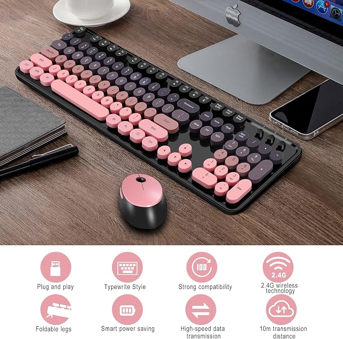 Kootop Wireless Keyboard and Mouse Combo, Cute Colorful 104 Keys Typewriter Retro Round Keycaps Keyboard for PC Laptop,Desktop,Windows, Home and Office Keyboards(Black and Pink)