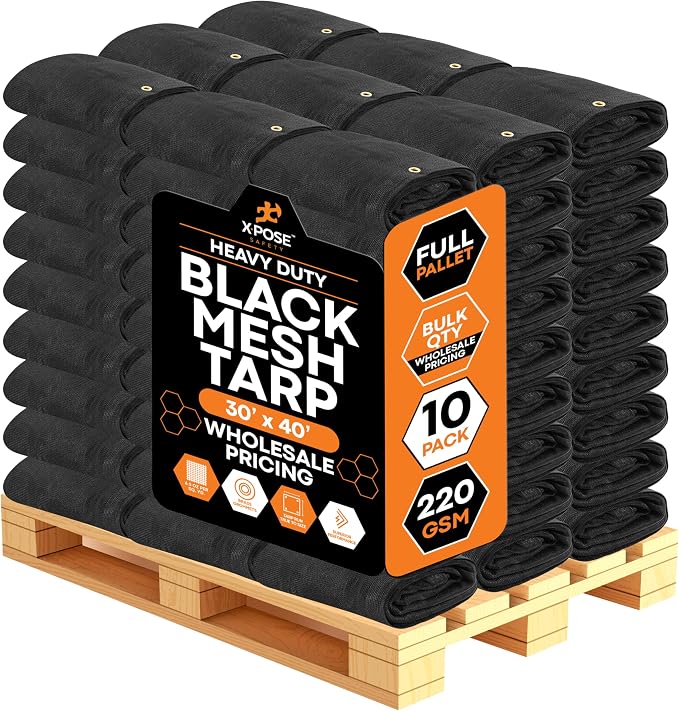 Heavy Duty Mesh Tarp 30' x 40' - Bulk Full Pallet (10 Pack) Multipurpose Black Protective Cover with Air Flow - Use for Shade, Fences, Canopies, Dump Trucks – Weatherproof & Durable by Xpose Safety