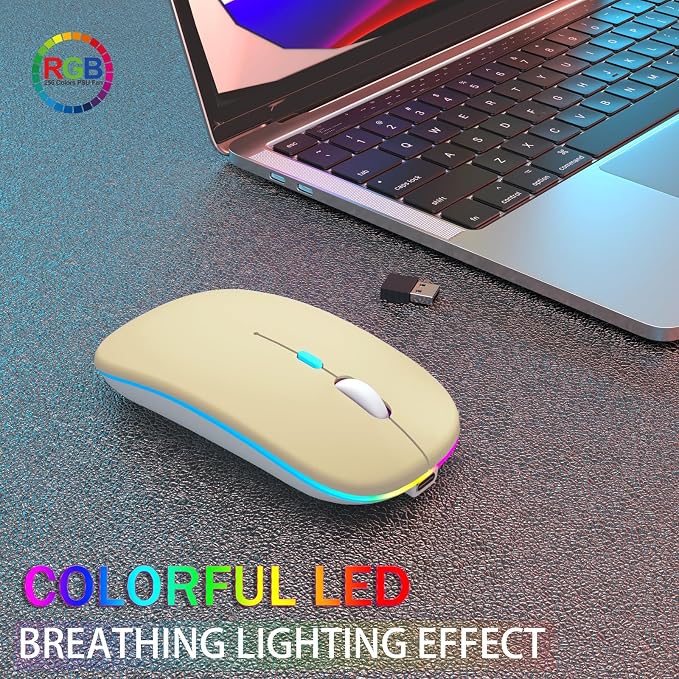 AIKOKOK Wireless Bluetooth Mouse, Rechargeable, Dual Mode Bluetooth 5.2 & 2.4G USB, LED Lights, Slim, Silent, Portable Computer Mouse for Laptop, PC, MacBook, iPad, Tablet (Gold)