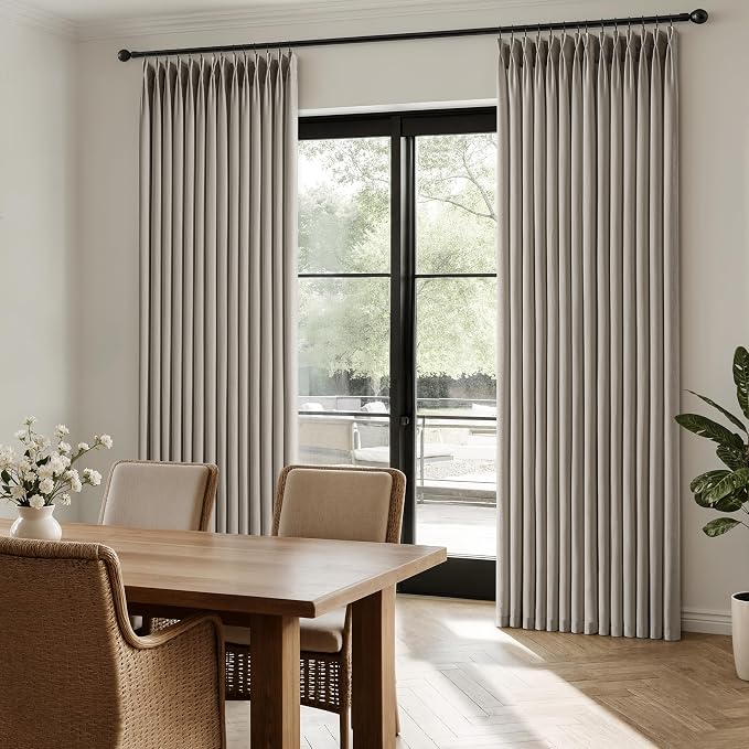 Memory Trained Pinch Pleated Curtains 84 Inches Long, Viral Linen Pinch Pleat Sheer Curtains with Ring Hooks&Clips for Track System Living Room, Oatmeal Light Filtering Privacy Curtain 2 Panel Set
