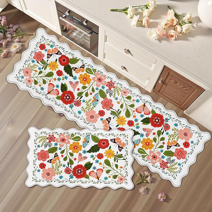 Arenarug Scalloped Kitchen Mats for Floor 2PC Cushioned Anti Fatigue Kitchen Mats Rugs Waterproof Non Slip Boho Floral Comfort Foam Standing Mat for Sink Laundry, White,17.3x30+17.3x59