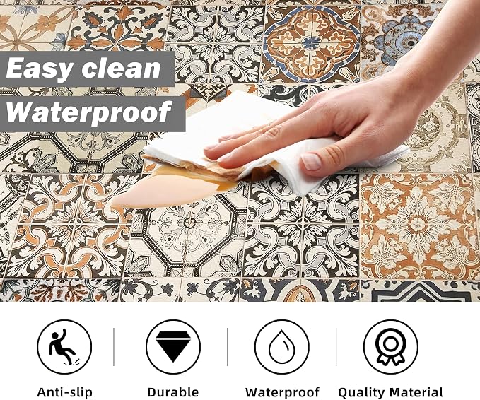 Boho Kitchen Rugs Set 2 Memory Foam Colorful Ceramic Comfort Tile Floor Mat Anti Fatigue Non-Skid PVC Runner Rug Water & Oil Proof Carpet for Kitchen Laundry Sink,17.3x28+17.3x47 Inch, C3