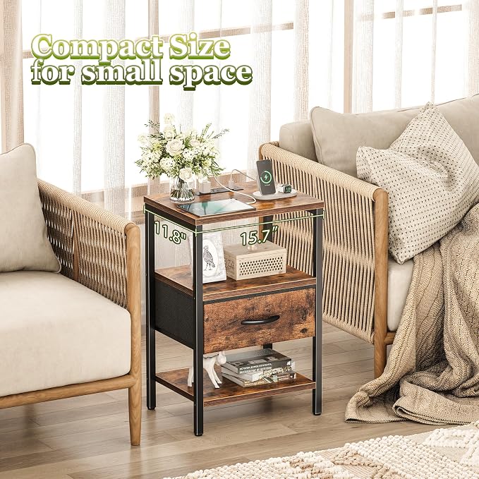 SUPERJARE Nightstand Set of 2, Bed Side Tables with Charging Station, Adjustable Fabric Drawer, Night Stand for Bedroom, 3-Tier Storage End Tables, for Living Room, Rustic Brown