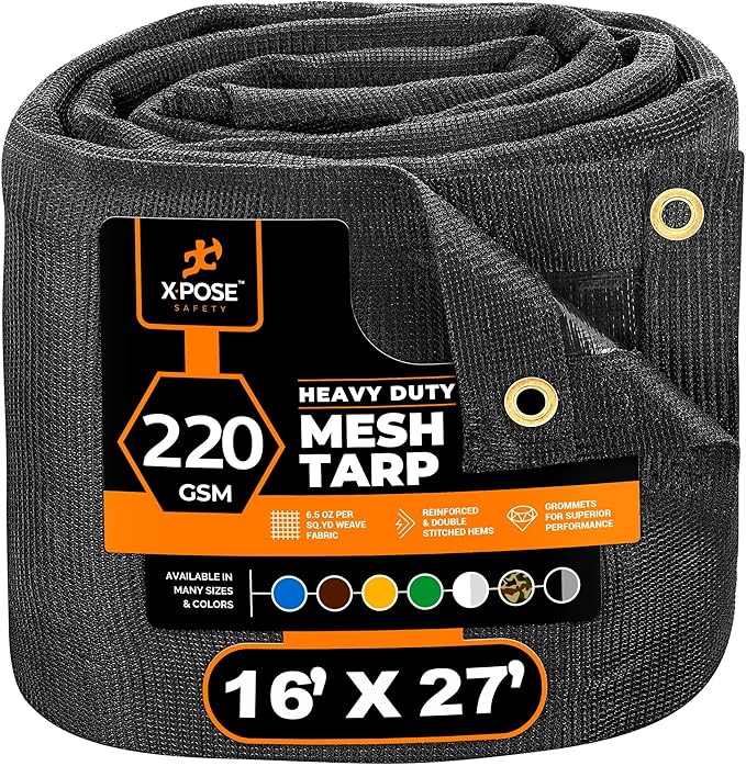 Xpose Safety Heavy Duty Mesh Tarp 16' x 27'– Multipurpose Black Protective Cover with Air Flow - Use for Tie Downs, Shade, Fences, Canopies, Dump Trucks – Weather and Tear Resistant