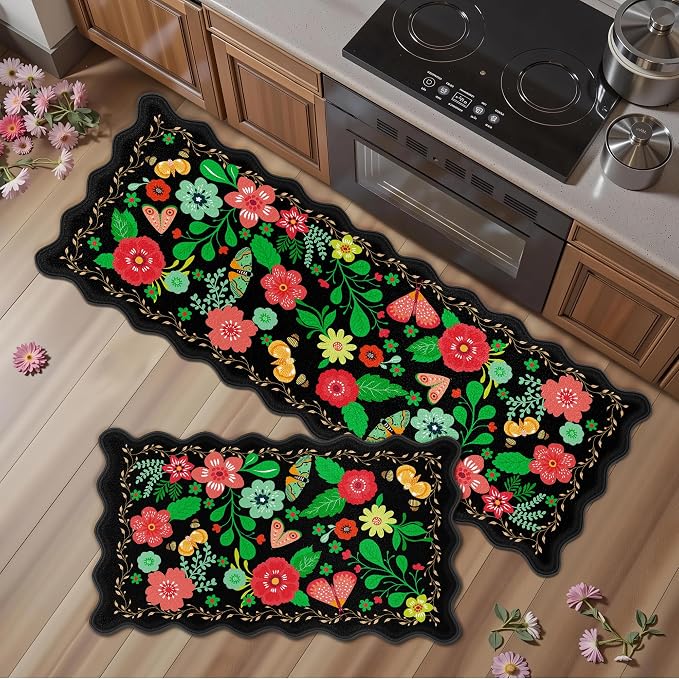 Arenarug Scalloped Black Kitchen Mats for Floor 2PC Cushioned Anti Fatigue Kitchen Mats Rugs Waterproof Non Slip Farmhouse Boho Floral Comfort Foam Standing Mat for Sink Laundry