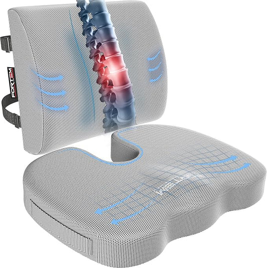 FORTEM Seat Cushion, Office Chair Cushion, Lumbar Support Pillow for Office Chair, Memory Foam Car Seat Cushions, Sciatica Coccyx Tailbone Pain Relief, Cushions for Back Support, Washable, Non Slip