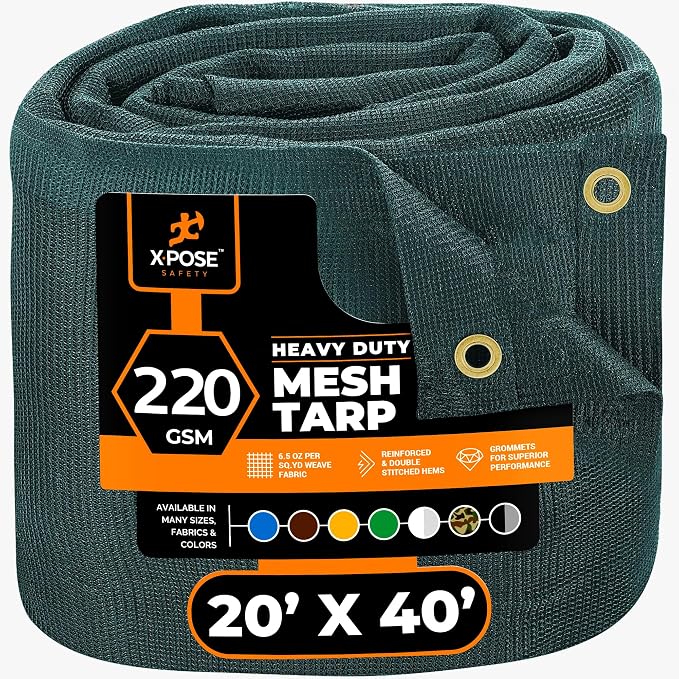 Xpose Safety Heavy Duty Green Mesh Tarp 20' x 40' – 70% Sunblock Shade Cloth with Grommets for Garden, Fence, Privacy Screen, Canopies, Dump Trucks, Pool Cover – Tear & Weather Resistant