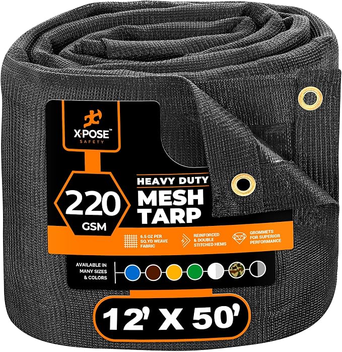 Xpose Safety Heavy Duty Mesh Tarp – 12’ x 50’ Multipurpose Black Protective Cover with Air Flow - Use for Tie Downs, Shade, Fences, Canopies, Dump Trucks – Tear Resistant