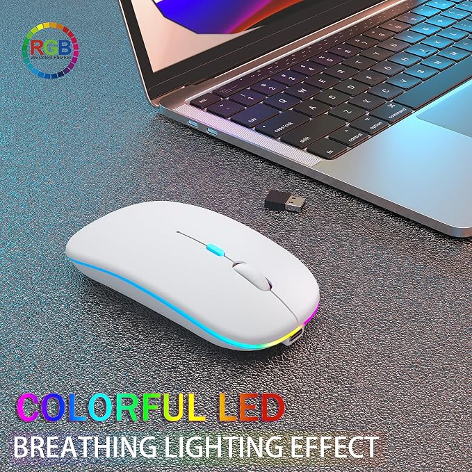 AIKOKOK Wireless Bluetooth Mouse, Rechargeable, Dual Mode Bluetooth 5.2 & 2.4G USB, LED Lights, Slim, Silent, Portable Computer Mouse for Laptop, PC, MacBook, iPad, Tablet (White)