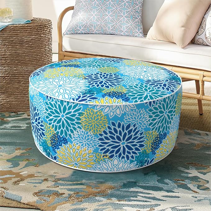 DYTXIII Inflatable Ottoman Stool D21 xH9 for Outdoor/Indoor Use, Water Repellent Patio Foot Rest Stool with Portable Handle,Round Pouf Ottoman Suitable for Garden,Deck and Camping - Dahlia Blue