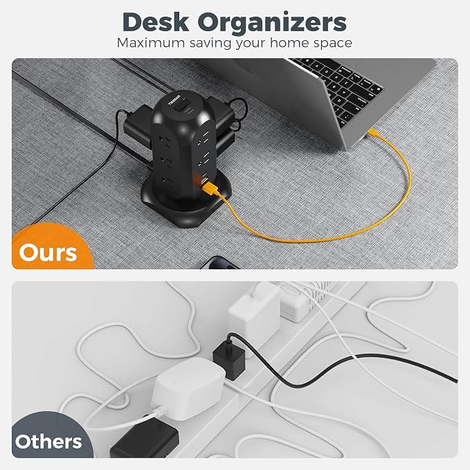 TESSAN Tower Power Strip Flat Plug with 11 Outlets 3 USB (1 USB C), Surge Protector Tower 1625W/13A,1050J Protection, 6 Feet Extension Cord with Multiple Outlets, Dorm, Office Desk Supplies, Black