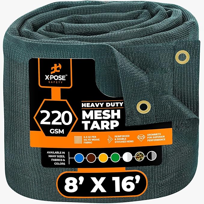 Xpose Safety Heavy Duty Green Mesh Tarp 8' x 16' – 70% Sunblock Shade Cloth with Grommets for Garden, Fence, Privacy Screen, Canopies, Dump Trucks, Pool Cover – Tear & Weather Resistant